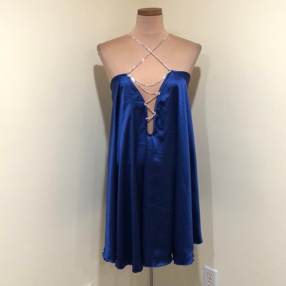 Francesca’s Collection Dress Size Large Blue Silver Rhinestone Caged Plunge Neck - Picture 2 of 8